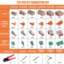 240PCS 18 Kits DT Connectors Kit, Wire Crimping Tool for Deutsch Connectors, Terminal Removal Tool, and Size 16 Stamped Contacts for 14-18 AWG Automotive Wiring (2, 3, 4, 6, 8, 12 Pin)