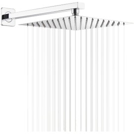 Chrome Rain Shower Head with Extension Arm 12 Inch Square Shower Head with 16 Inch Shower Arm Large Stainless Steel Rainfall Showerhead Waterfall Full Body Coverage by GGStudy