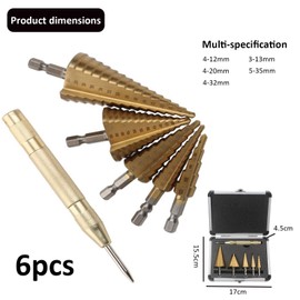 Bamyli 6 Pcs Step Drill Bits Set High Speed Steel Titanium Coated Cobalt Cone Step Drill Bit with Automatic Center Punch,Step Bits for Plastic Wood Metal Aluminum Iron DIY
