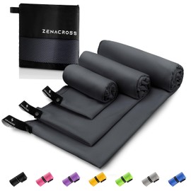 ZENACROSS Microfibre Towel (Set of 3) with Carry Bag - Quick-Drying and Versatile Fitness Towel - Sports Towel Sizes S, M, L - Dark Grey
