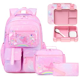 ACESAK Kids School Backpack for Girls, Rainbow Bookbag Backpack with 43OZ Bento Lunch Box, Lunch Bag for Girls Kids Teens Elementary Middle School Student, Girl Backpacks for Schools (4pcs Bento Box)