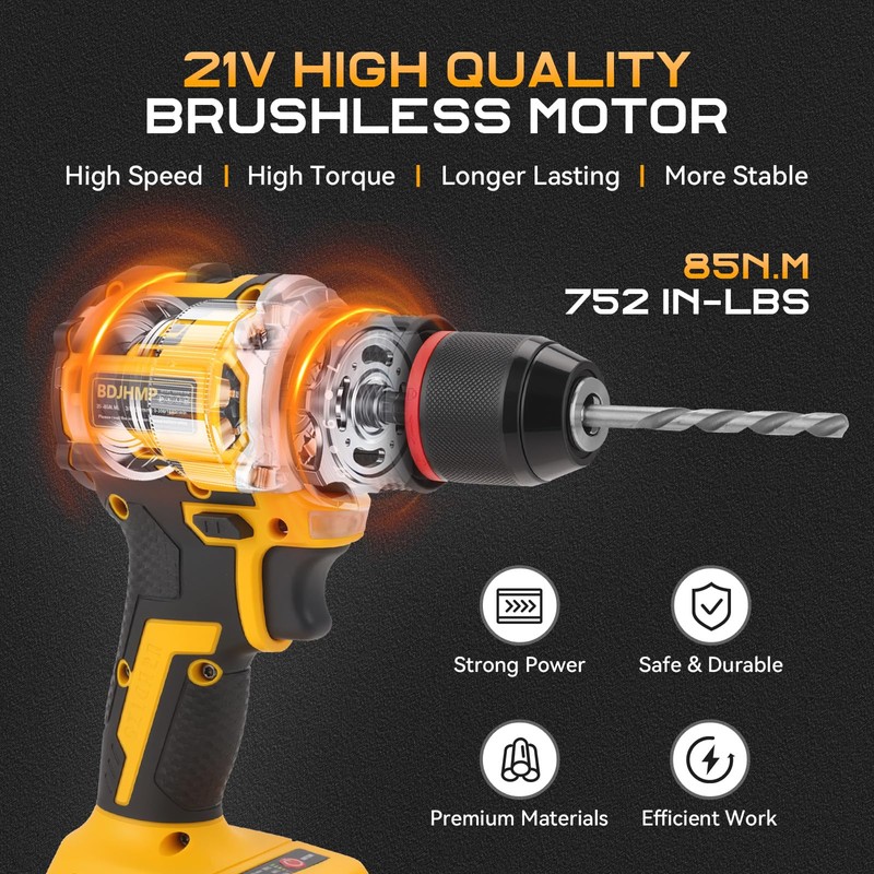 3/8" Brushless Compact Drill Tool Set, 85N.m 21V Cordless Drill