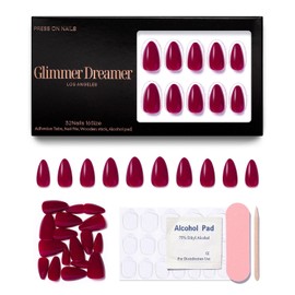 Press On Nails 32 Vivid Pink – Short Almond I Thick Gel Coating Reusable Press on Nails - Cranberry Charm I One Color Tip for Adult I Fake Nails with Adhesive Tabs, Clean Pad, Nail File & Wood Stick