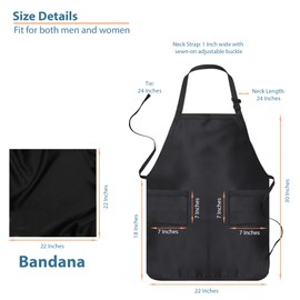 Adjustable Cotton Chef Apron with 2 Pockets and Chef Bandana 1 | 2 | 3 Pack, Kitchen Apron for Women and Men