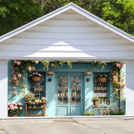 Spring Garage Door Cover 7x16ft Pink Flower Garage Door Decorations Banner Blue Vintage Floral Shop Window Photography Background Large Spring Birthday Party Banner Wall Decor