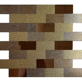 XUANINY 10-Sheet Peel and Stick Tile Backsplash Subway Self-Adhesive Metal Wood Tile Aluminum Wall Sticker, Stick on Kitchen, Bathroom Vanities (11.81"x11.81") (10, Golden Maple Leaf+Bronze Mirror)