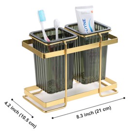IKWZ Toothbrush Holders for Bathrooms Metal Toothbrush Holders Electric Tooth Toothpaste Brushing Electroplate Holders Stand 2 Cups for Bathrooms Family Kids (Gold Green)