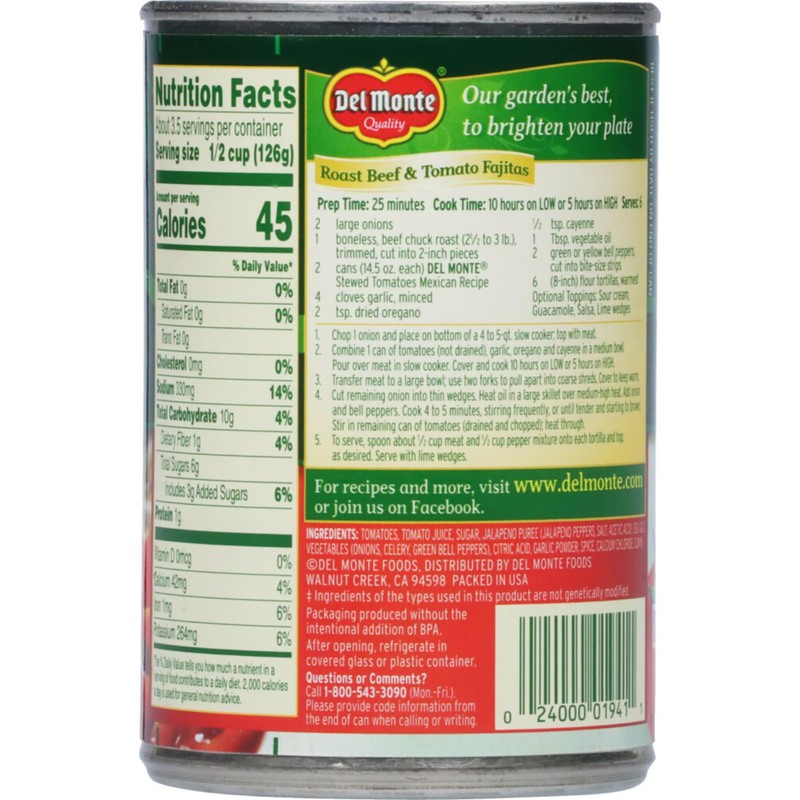 Del Monte, Mexican Recipe Stewed Tomatoes (with Jalapenos, Garlic &