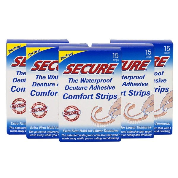 Secure Denture Adhesive Comfort Strips, 15 Strips, (Pack of 5)