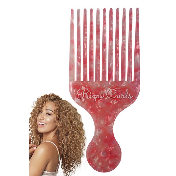 Rizos Curls Pink Hair Pick Comb for Curly Hair. Large size for Extra Volume. Luxe Pink Speckled Acetate material.