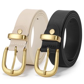 JASGOOD Women Leather Belts for Jeans 1.1" Width Ladies Belts for Dresses with Gold Buckle，Black+Beige