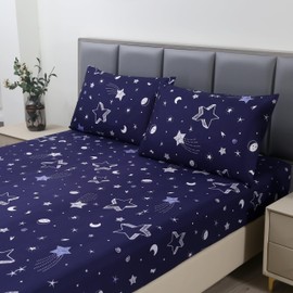 MAG 3pcs Blue Star Bed Sheet,Blue Microfiber Bedding Sheet Set,Galaxy Sheet Set,Space Bedding Sheet Set with 1 Fitted Sheet and 2 Pillowcases,14 Inches Deep (Blue and White, Queen)