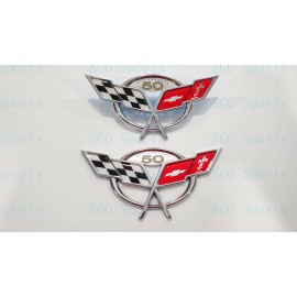 AUTO 2PC 1997-2004 C5 Corvette Chrome Front Rear 50Th Anniversary Cross Flags Emblems