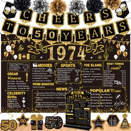 50th Birthday Decorations for Men Women,16PCS Back in 1974 Banner Decorations,Including Vintage 1974 Banner,1974 Anniversary Card,Cheers to 50 years banner,7 Hanging Swirl,6 paper Poms