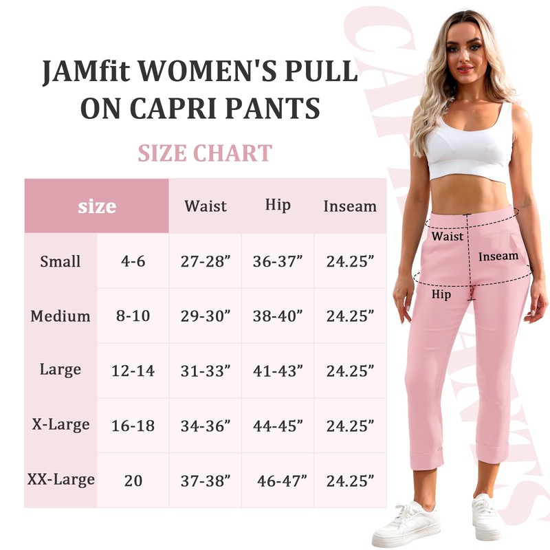 JAMfit Women's Pull-On Capri Pants Stretch High Waist Dressy Casual