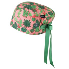 CALOMED Scrub Cap for Women and Men, Euro Style Scrub Caps, Working Hat, Head Cover with Ribbon Ties and Buttons, Long or Short Hair (Cactus on Peach)