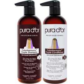 PURA D'OR Purple Shampoo & Conditioner (16oz x 2) ColorHarmony Biotin Set For Bleached, Blonde, Silver & Color Treated Hair - Keratin, Bamboo Fiber, No Sulfates - Men & Women