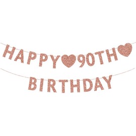 Rose Gold 90th Birthday Banner, Glitter Happy 90 Years Old Woman or Man Party Decorations, Supplies