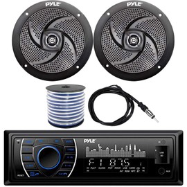 Pyle AM/FM USB Bluetooth in-Dash Marine Stereo Digital Media Headunit Receiver, 2 x 4 2-Way Weather-Resistant 100W Black Audio Speakers, 18-Gauge Speaker Wire, Wired Radio Antenna