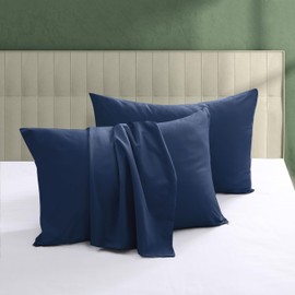 100% Egyptian Cotton Pillow Protectors Set of 2, 600 Thread Count Standard Size Bed Pillow Cases with Zipper,Sateen Weave Cooling Pillow Cases Quiet and Breathable Easy Care(2PCS, Standard, Navy Blue)