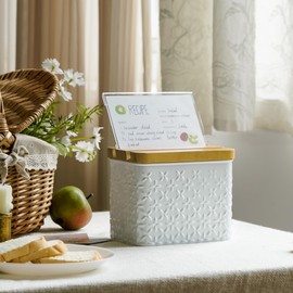 HOME PALETTE Recipe Box with Cards and Dividers Set 4x6 Recipe Holder for Kitchen Counter Metal White Flower Pattern Embossed Recipe Card Box with Wooden Grooved Lid