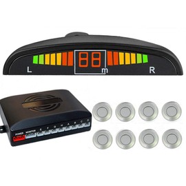 Silver Front and Rear 8 Sensors Car Reverse Parking Rader Kit LED Buzzer Alarm Front Rear Reverse Parking Rader Kit LED Buzzer Alarm