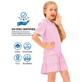 BesserBay Girls Summer Ruffle Hem Smocked Hooded with Pockets Coverups Terry Towel Dress Pink Loose Fit Beach Robe 7-8 Years