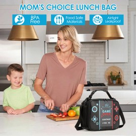 Gamer Lunch Box for Boys Kids, Large Capacity Insulated Lunch Bag with Extra Mesh Bag Fit Ice Pack & Clip Handle, Waterproof PU Leather Kids Lunchbox with Adjustable Strap & Side Pocket for School