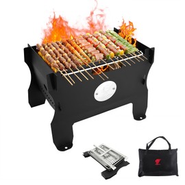 BiggerFire Camping Grill Fire Pit, 2 in 1 Portable Duel Fuel Charcoal or Gas Grill or Fire Pit, Detachable Steel Kabob Camp Grills Bonfire Stove with Hose for Outdoor Cooking BBQ for 13 Skewers