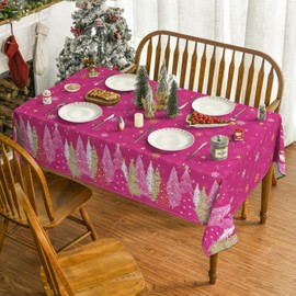 Horaldaily Christmas Tablecloth 60x60 Inch Square, Christmas Trees Pink Washable Seasonal Table Cover for Party Picnic Dinner Decor