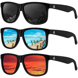 Arjien Classic Polarized Sunglasses for Men and Women UV400 Lens Square Sun Glasses, Driving Golf Travel Beach Essentials (3 Pack(Black+Blue Mirrored+Red Mirrored))