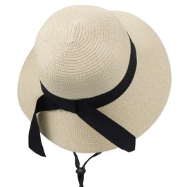 Girls Wide-Brim Straw Sun-Hat for Summer Beach with Bow, Little-girl Beige, 2-5T