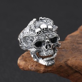 Men's Skull Ring Vintage Stainless Steel Silver Plated Gothic Ring Skull Cool Punk Black Adjustable Size Ring