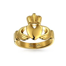 Bling Jewelry Personalize Unisex Heart Band BFF Celtic Irish Friendship Couples Promise Claddagh Ring for Men Women Teen Gold Tone Stainless Steel Customizable