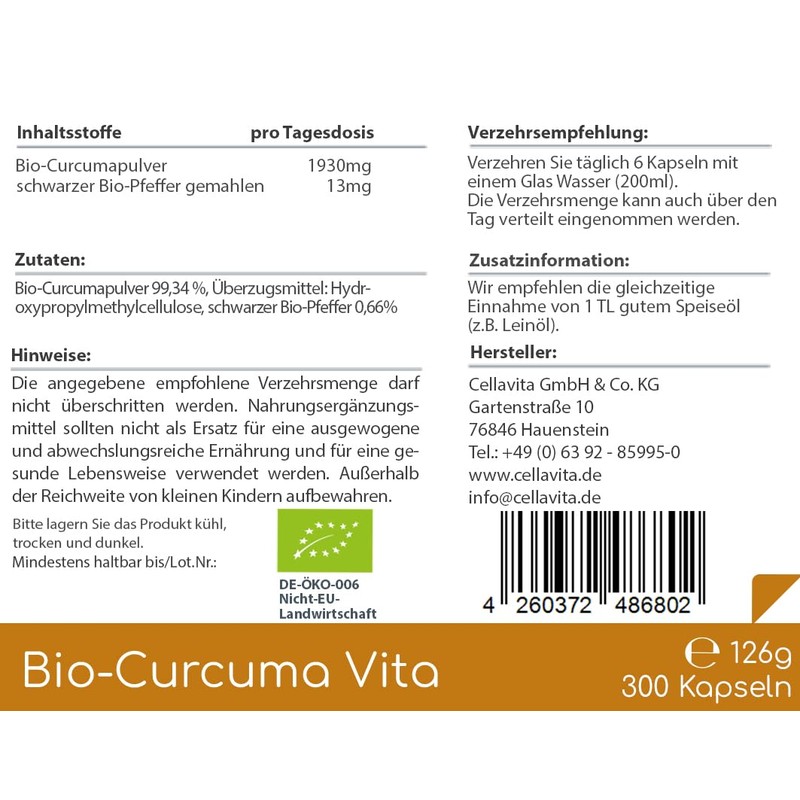 CELLAVITA Curcuma Vita Monthly Supply 500 Capsules | Organic Curcuma