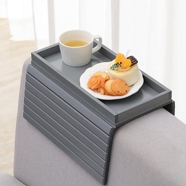 GEHE Sofa Arm Tray Bamboo Sofa Tray Table for Couch, Sofa Armrest Tray Table Anti-Slip Arm Table Clip On Tray Sofa Table, Couch Cup Holder for Snacks,Phone,Control,Cups,Flexible and Foldable - Color: Gray