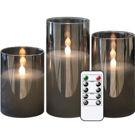 GenSwin Gold Glass Battery Operated Flameless Led Candles with 10-Key Remote and Timer, Real Wax Candles Warm White Flickering Light for Home Decoration(Set of 3)