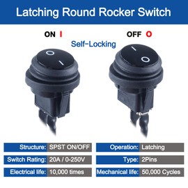 DMWD Waterproof 20A ON-Off Round Rocker Toggle Switch 2 Pins 2 Positions 12V 24V 110V 220V with Pre-solderd Cable for Auto Car Marine (5Pcs Black Without LED)