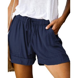 BTFBM - Pantalones cortos casuales para mujer, color sólido, cintura elástica, bolsillos con cordón, ligeros, para verano, playa, para descansar, para mujer, Azul oscuro, X-Large