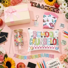5 Pcs School Counselor Week Gifts for Women Counselor Appreciation Gift Glass Cup Sock Cosmetic Bag Badge Holder Thank You School Counselors Gift Box for Schools Counseling Week Teacher