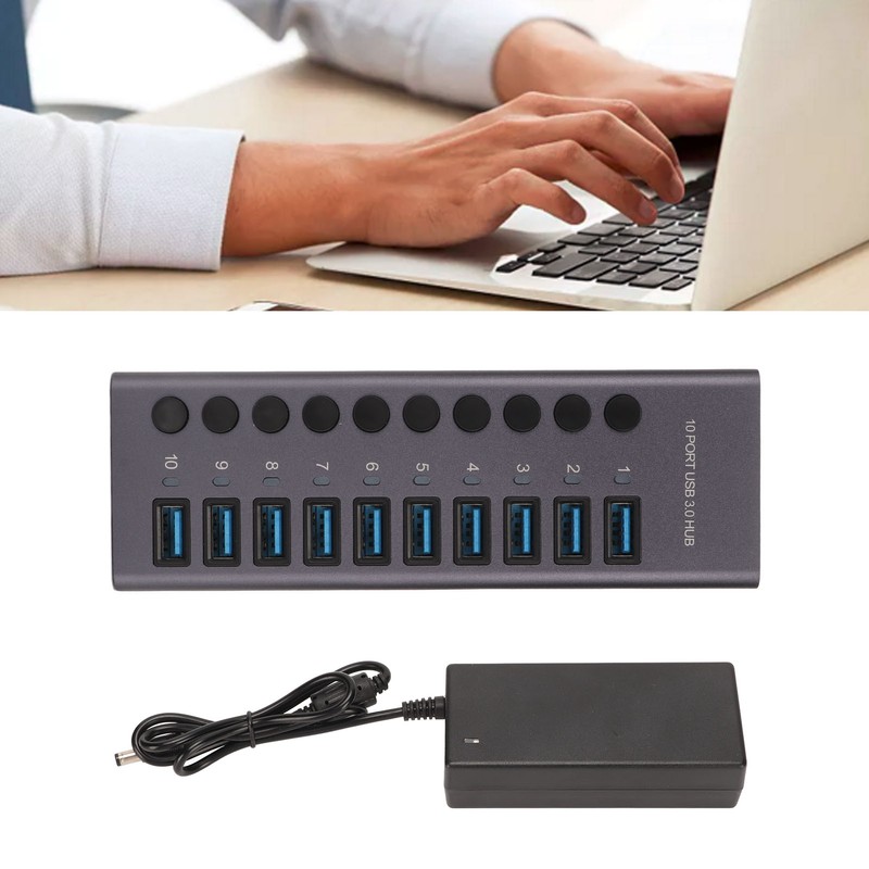 10 Port USB3.0 Hub Splitter Independent Power Supply Charging Data