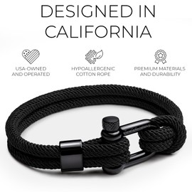 Elegatto Alchor Platinum Rope Bracelet for Men | Premium Nylon Marine Cord with Silver Polished Stainless Steel Shackle Closure| Water Resistant | Men’s Designer Bracelets | All Black Large (7.7")