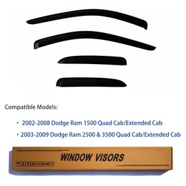 YLSCOO Window Visors Rain Guards fits 2002-2008 Dodge Ram 1500, Window Wind Deflectors Vent Shades for 2003-2009 Dodge Ram 2500 & 3500, 4 Pieces [ with Quad Cab/Extended Cab ]