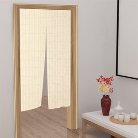 Leowefowa Noren Japanese Doorway Curtain Long Type Window Treatment Doorway Curtain Tapestry for Ukiyoe Room Divider Panel Kitchen Home Decoration 33.5" Width x 59" Long（Square Shape Pattern,Beige）