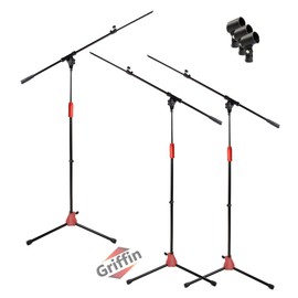 Microphone Stand (Pack of 3) with Telescopic Boom Arm by GRIFFIN | Mic Clip Adapter Tripod Folding Legs | Adjustable Holder Mount For Studio Recording Accessories, Singing Vocal Karaoke, Live Stage DJ