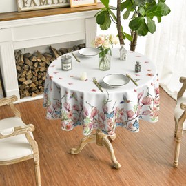 Horaldaily Spring Tablecloth 70×70 Inch Round, Hummingbird Butterfly Flower Washable Seasonal Table Cover for Party Picnic Dinner Decor