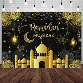 AIBIIN 7x5ft Ramadan Mubarak Backdrop Muslim Ramadan Kareem Lantern Moon Castle Islamic Photography Background Black and Gold Moon Stars Mosque Party Decorations Banner Photo Studio Props