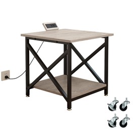 METYERRY Large Printer Stand with Power Outlet, with Height Adjustable Storage Shelf, 2 Tier Rolling Printer Cart with Industrial Wheels, 23.6 x 23.6 Inches Printer Table for Home Office,Greige
