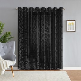 LinenZone Lace Patio Door Curtains with Damask Pattern. Extra Wide Curtains, Lace Patio Curtains or Sliding Door Curtains for Large Windows, Patio Doors, Sliding Glass Doors. (Fiona, 102 x 84 Black)