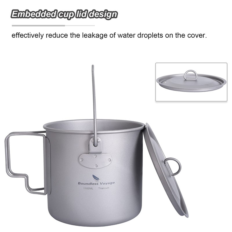 Boundless Voyage Outdoor 1100 ml Titanium Pot with Lid Folding